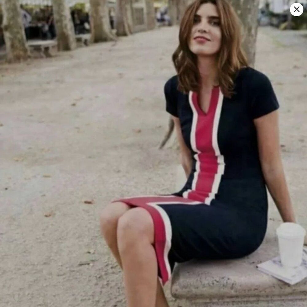 Boden Flora Ponte Navy Pink Midi V-Neckline Sheath Silhouette Size 4P - Picture 3 of 9